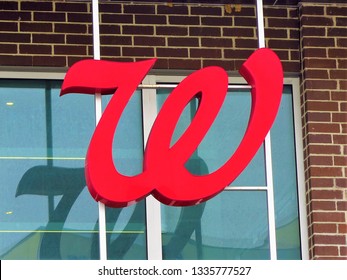 Rockville, Maryland / USA - March 2019: Sign for Walgreen in downtown Rockville