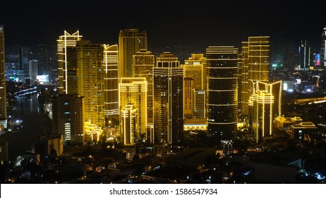 Rockwell Makati, Philippines - December 8, 2019: Close Up Rockwell Night Top View With Christmas Lights Decorations