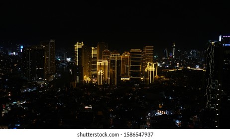 Rockwell Makati, Philippines - December 8, 2019: Rockwell Night Top View With Christmas Lights Decorations