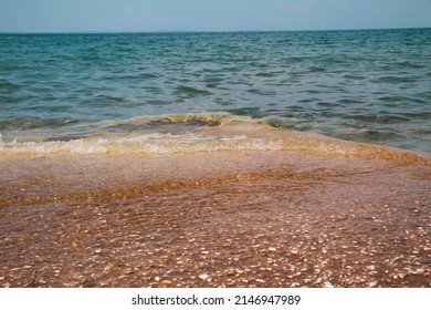 Rocky Beach On The Coast Of Greece. Blue Sea Water Horizon Line.