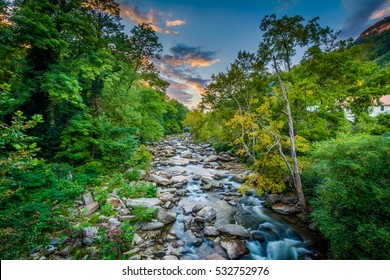 The Rocky Broad River at sunset, in Chimney Rock, North Carolina.
