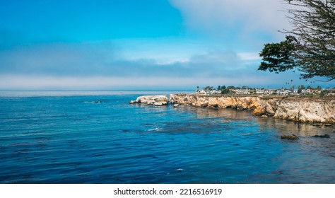 Rocky Cliffs At Sunse And Silhouette Of A Beautiful Beach Town.. Shell Beach At Pismo Beach, California Central Coast