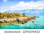 Rocky coast of the island on the way to Cleopatra island, Aegean sea, Marmaris, Turkey