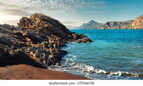 Rocky Coast Of Portman. Located Between La Manga And Cartagena. Murcia, Spain