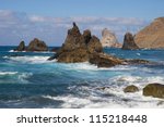 The rocky coast of Taganana with the formations of Los Roques de Anaga in the northeast coast of Tenerife, Canary Islands.