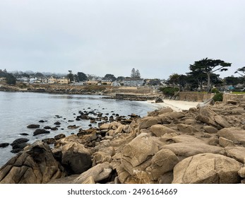 Rocky coastline along Lovers Point Beach near Monterey, California. Rocks are shades of beige and brown; water is turquoise blue. In the distance are Monterey Cypress trees and beachfront homes. - Powered by Shutterstock