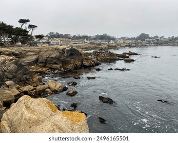 Rocky coastline along Lovers Point Beach near Monterey, California. Rocks are shades of beige and brown; water is turquoise blue. In the distance: angular trees and beachfront homes. - Powered by Shutterstock