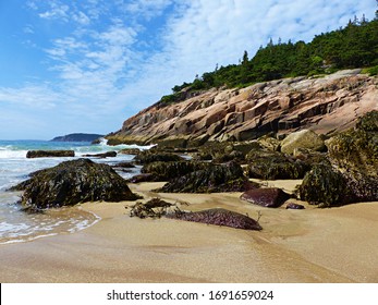 A Rocky Coastline Rises From Sand Beach During Summer At Acadia National Park In Maine.