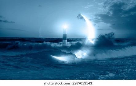 Rocky coastline with strong sea wave - Night sky with lighthouse,  Crescent moon in the sea wave - Powered by Shutterstock