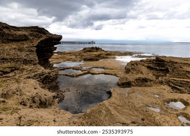 Rocky coastline with tidal pools and distant pier under overcast sky - Powered by Shutterstock