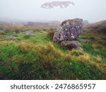 A rocky field with a large rock in the middle. The sky is overcast and the grass is green and wet. Fog in the background. Calm and surreal mood. Nature scene in Ireland. Irish landscape. Nobody.