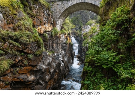 Rocky gorge and mountain stream beneath the Pont d'Espagne (Spanish bridge). Cauterets Valley, Pyrenees National Park, France.