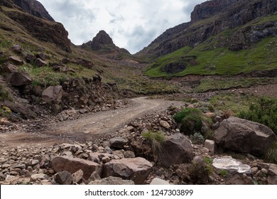 Rocky gravel mountain road; Sani Pass on South Africa - Lesotho border.