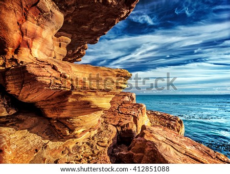 Rocky headland on the Atlantic coast of the Cape Peninsula, South Africa, most south-western point of the African Continent, Cape of Good Hope, beautiful natural background, mountain border