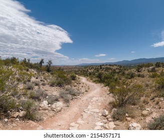 Rocky Hiking Path In The Desert With A Blue Sky Split By Incoming Clouds.