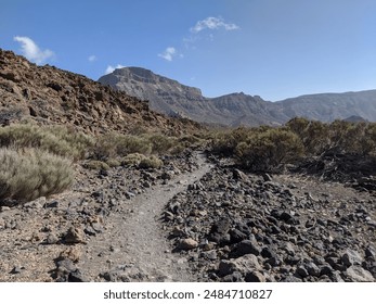 A rocky hiking trail winding through a volcanic landscape with sparse vegetation under a clear blue sky, showcasing rugged mountain terrain - Powered by Shutterstock