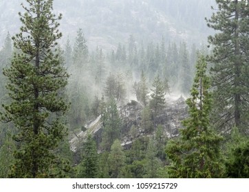 A rocky hill in the mountains steams in a summer thunderstorm, surrounded by forest, in the California Sierras. - Powered by Shutterstock
