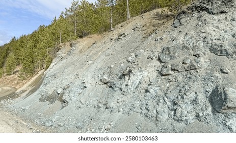 Rocky hillside with sparse trees symbolizes erosion and environmental concerns in natural landscapes during Earth Day celebrations