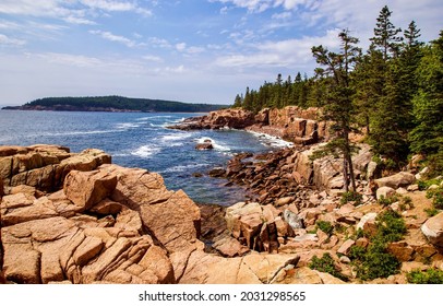 Rocky lake shore in Karelia. Forest rocky lake shore panorama. Rocky lake shore landscape