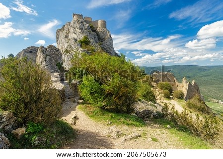 Rocky landscape around the medieval French castle of Peyrepertuse in the Pyrenees mountain.
