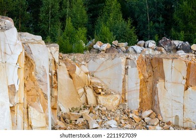 Rocky Landscape In A Sandy Stone Quarry, Trees On The Rocks