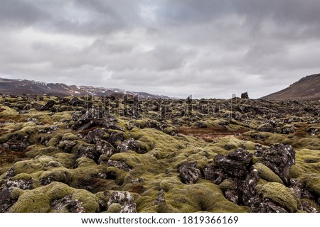 Rocky moss-covered ancient lava fields on Reykjanes peninsula, near Reykjavík, south west Iceland.