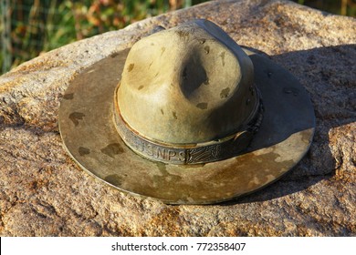 Rocky Mountain National Park, Colorado - September 23, 2017 - Park Ranger Hat On Rock