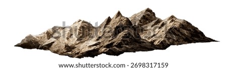 Rocky mountain range with sharp peaks and rugged terrain, natural landscape background isolated on white.”