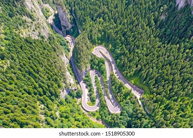 Rocky Mountain And Winding Road, Above View Bicaz Gorges In Romanian Carpathians.