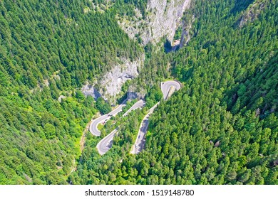 Rocky Mountain And Winding Road, Above View Bicaz Gorges In Romanian Carpathians.