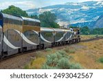 Rocky Mountaineer train with locomotive in Kamloops, British Columbia, Canada.