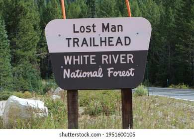 Rocky Mountains, Colorado, USA - September 2019: Lost Main Trailhead White River Sign In National Forest