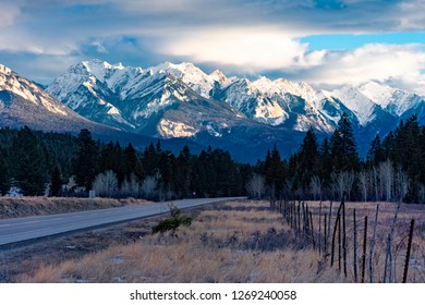 The Rocky Mountans in the setting sun near Fairmont Hot Springs British Columbia Valley in the East Kootenays in the winter