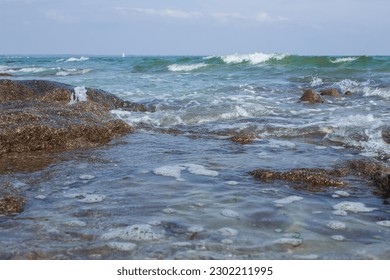 Rocky ocean coast and big waves