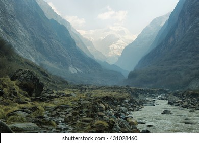 Rocky peaks and river flowing hiking to Annapurna base camp, Nepal
