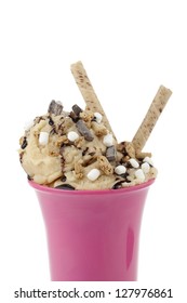 Rocky Road Ice Cream With Chocolate-flavored Wafer Stick On A Pink Cup