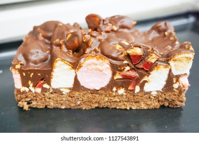 Rocky Road Slice With Melted Chocolate Pink And White Marshmallow Chopped Peanut Jelly Biscuit Based Sweet Confectionery Famous New Zealand Candy 