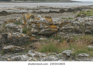 Rocky Scottish shoreline with rocks, seaweed and licihen looking across a bay - Powered by Shutterstock