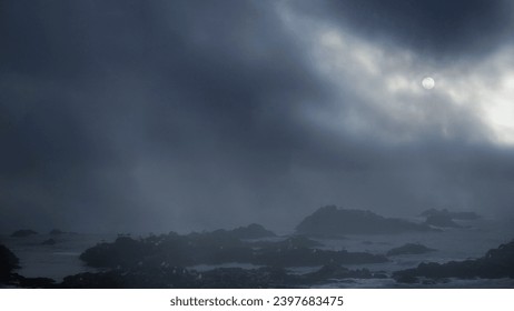 Rocky sea coast in a foggy and overcast full moon night - Powered by Shutterstock