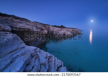 Rocky sea coast and full moon at night in summer. Beautiful landscape with beach, cliffs, stones in blurred water, cave, blue sky at twilight. Nature. Adriatic sea at night, Kamenjak, Croatia. Travel