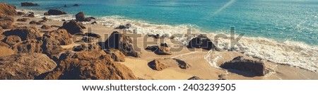 Rocky seascape on a sunny day, view of sunny bay in Setubal, Portugal Horizontal banner