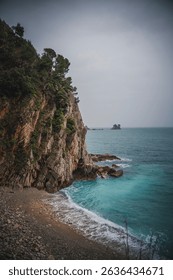 Rocky seashore, beautiful mountain sea nature landscape, cloudy weather