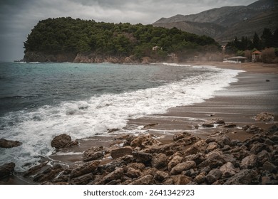 Rocky seashore, beautiful mountain sea nature landscape, cloudy weather