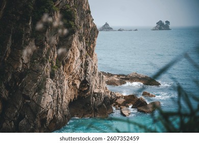 Rocky seashore, beautiful sea nature landscape, cloudy weather