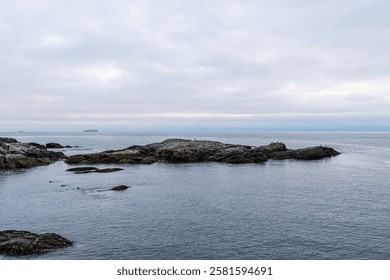 Rocky seashore landscape surrounded by ocean under a cloudy, moody sky.