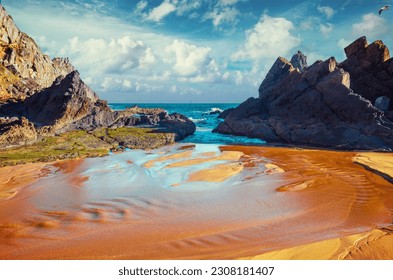 Rocky seashore on a sunny day. Ibarrangelu, Bizkaia, - Shutterstock ID 2308181407