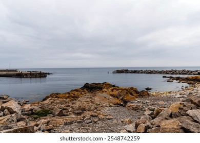 Rocky seashore. Stones covered with yellow and green moss and cloudy sky. Beautiful landscape. - Powered by Shutterstock