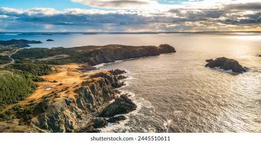 Rocky Shore on East Coast of Atlantic Ocean. Aerial Nature Background. Sunny Blue Sky. Newfoundland, Canada. - Powered by Shutterstock
