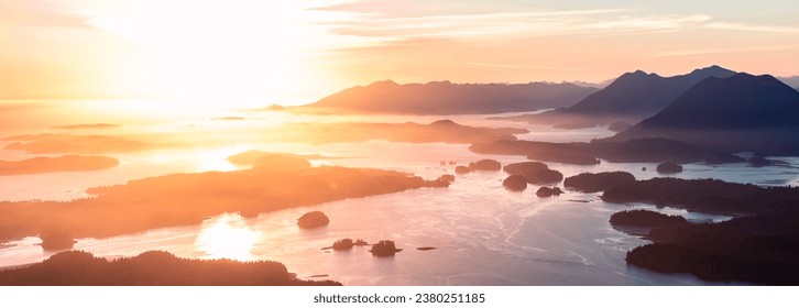 Rocky Shore on the Pacific Ocean Coast in Tofino, Vancouver Island, BC, Canada. Sunset. Aerial Nature Background Panorama - Powered by Shutterstock