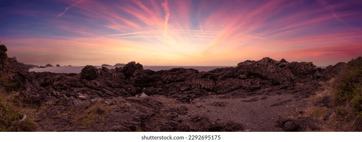 Rocky Shore on West Coast of Pacific Ocean in Ucluelet. Vancouver Island, British Columbia, Canada. Sunset Sky Art Render. Canadian Nature - Powered by Shutterstock